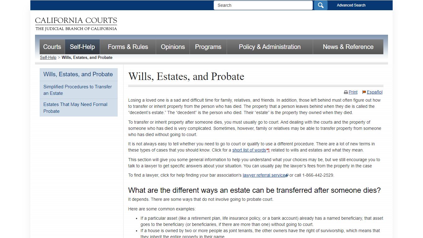 Wills, Estates, and Probate - probate_selfhelp - California